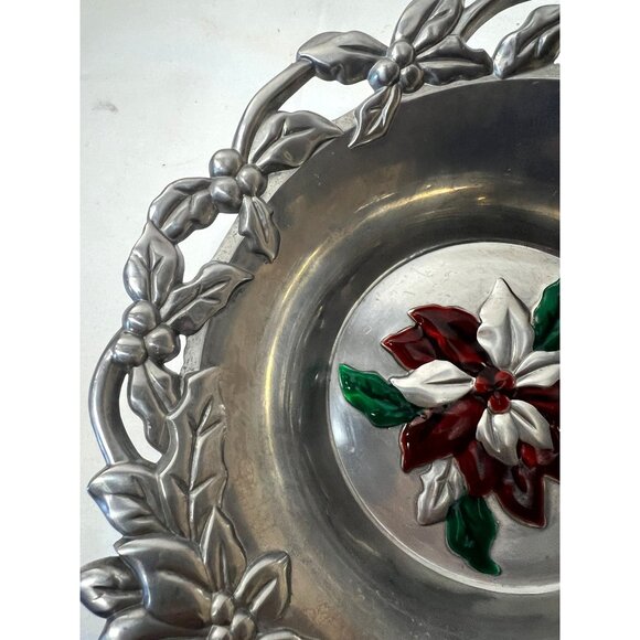 Vintage Pewter Bowl With Enamel Poinsettia Design & Leaf Motif - Picture 4 of 5